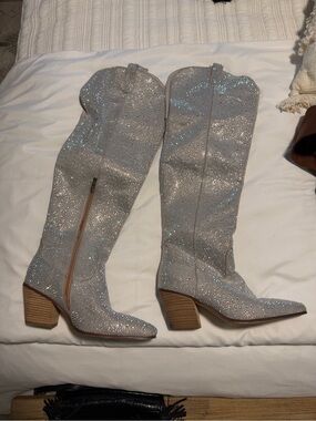 Women's Sparkle Over the Knee-High Western Boots - Silver Glitter